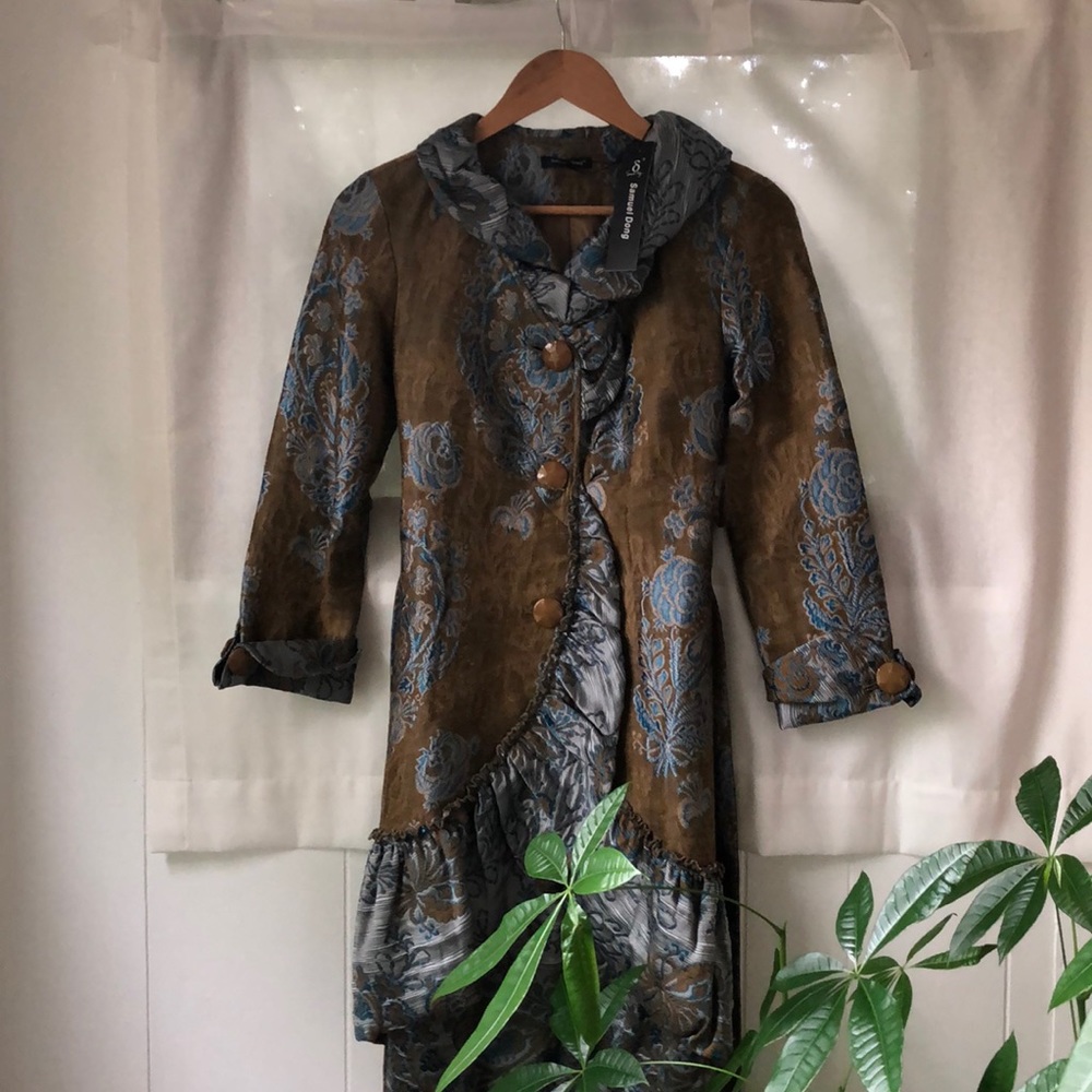 Samuel Dong Brown & Blue Floral Jacquard Trench Coat